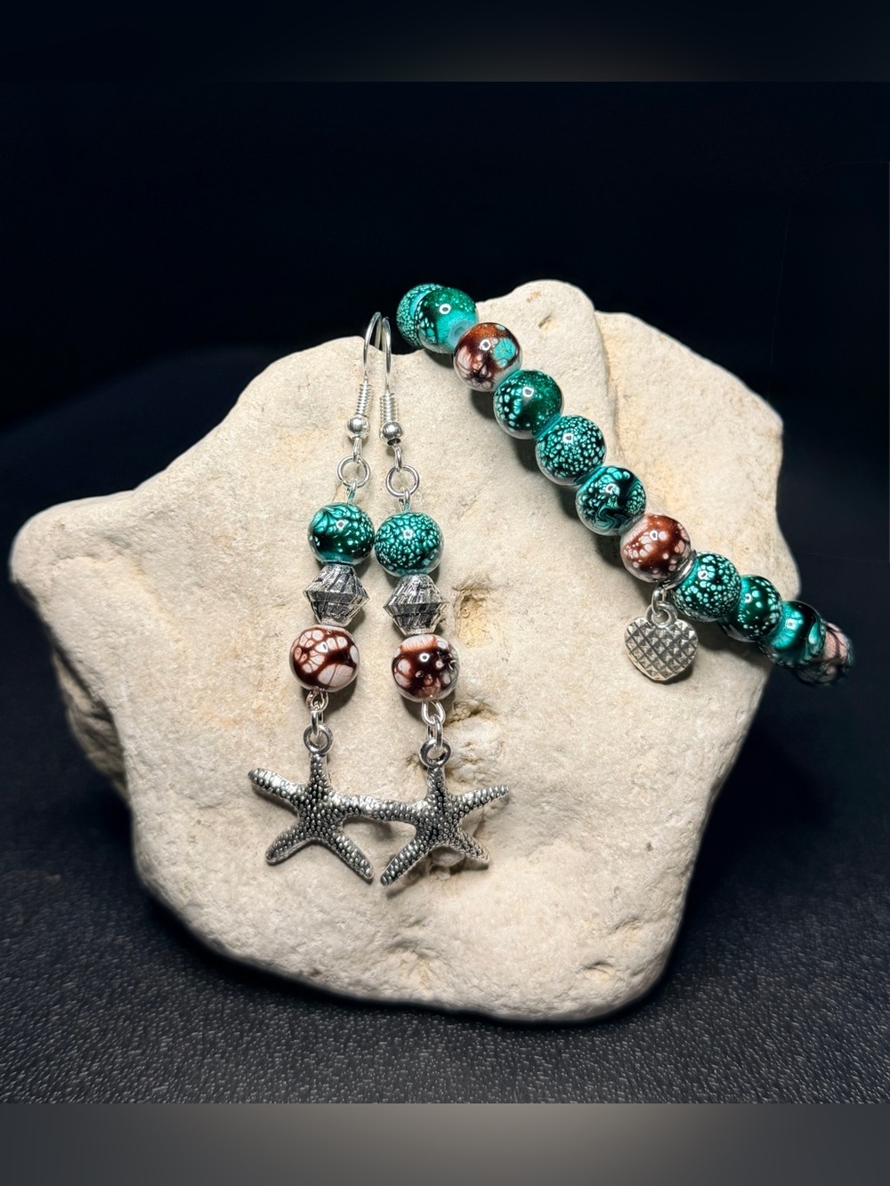 ✨Handmade✨ Teal and Brown Starfish Bead Earrings & Bracelet Set
